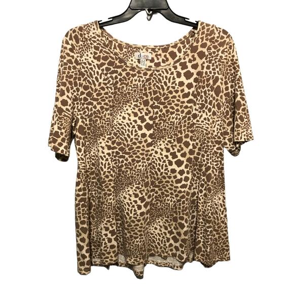 Denim & Co Women's Animal Print Short Sleeve Shirt Plus Size 1X Brown Stretchy - Picture 1 of 10